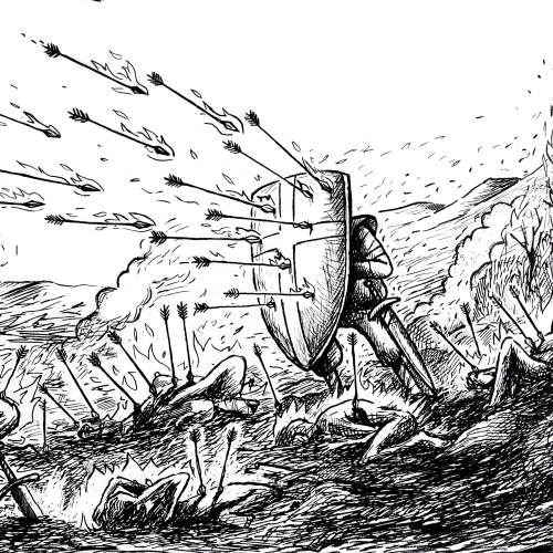 Close up of the Wall art featuring a black and white image with firey darts being thrown at a shield.  Wall art  verse.