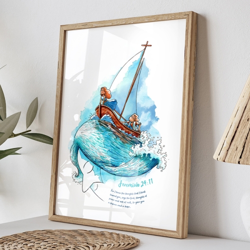 Adventure art print, showing him and his hair as water with a boat riding in the waves and a woman and man enjoying the adventure. The verse is printed on the bottom of the image. It is mostly blue and turquise water colours wit