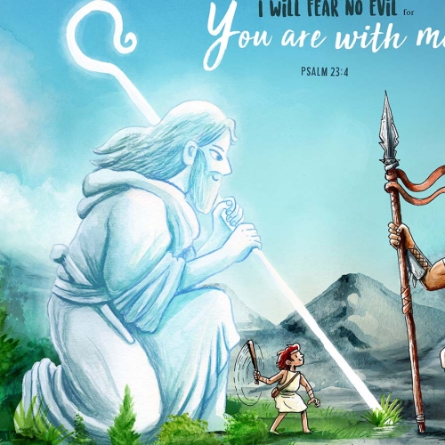 I will fear no evil for you are with me, illustrated by showing the battle between Victory with a light rod, going before him.