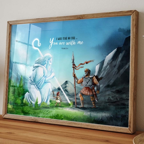 I will fear no evil for you are with me, illustrated by showing the battle between Victory with rod going before him.  Shown as it would look in a frame but the art piece does not come framed.