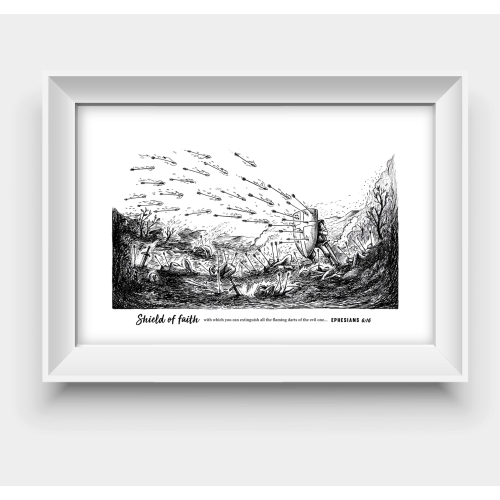 Close up of the Wall art featuring a black and white image with firey darts being thrown at a shield.  Wall art  verse.