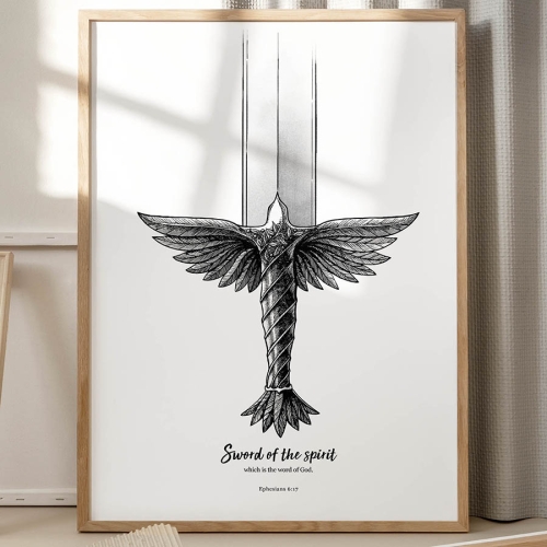 Inspiring Wall art featuring a black and white image of a sword with the hilt in the shape of a dove.  Wall art