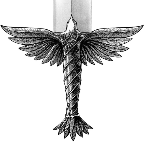 Inspiring Wall art featuring a black and white image of a sword with the hilt in the shape of a dove.  Wall art