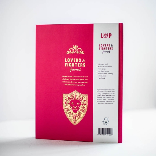 Lovers & Fighters Journal inside showing an illustrated page and a linned page for your own notes.  The journal is stood up open.  They make perfect gifts  for many occasions 