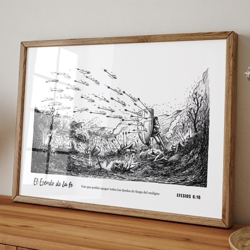 Spanish sheild of print Efesios 6:16 showing a person holding up a shield with a barrage of arrows being fired at him