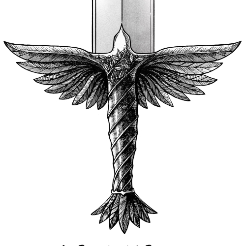 Close up of the black and white illustration of a sword where the hilt is in the shape of a dove