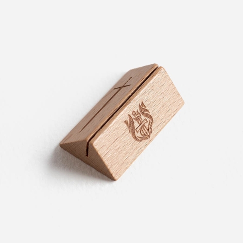 Magentic wooden card stand.  Showing a view from higher up.  