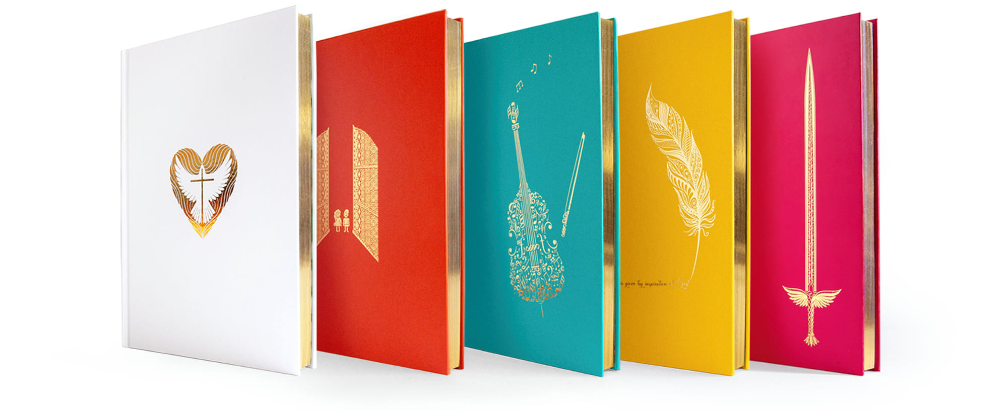 Five colourful hardback journals — white, red, teal, yellow and pink — displayed upright with gold foil emblems